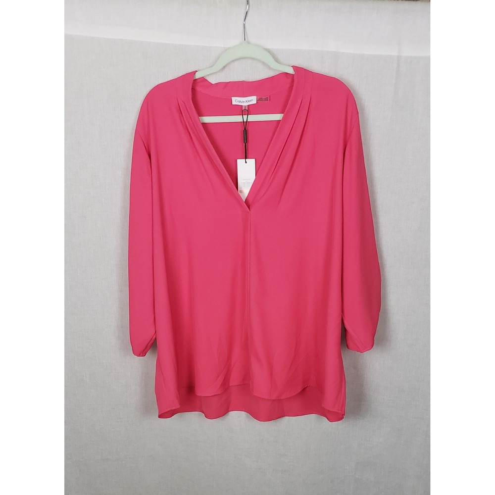 Calvin Klein Women 2X Pink V-Neck Roll-Tab Sleeve Blouse Casual Spring Work